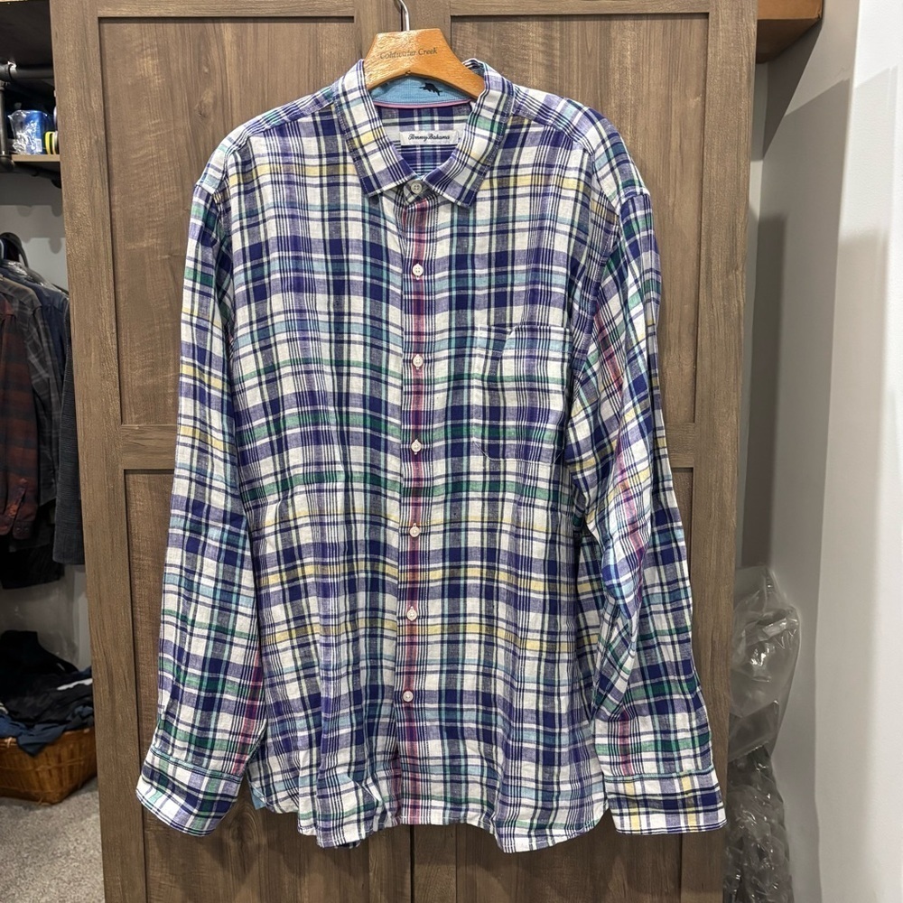 Tommy Bahama XL Linen‎ Button Down Shirt Plaid Long Sleeve